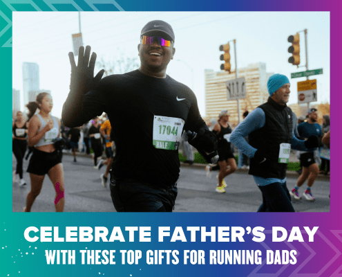A man in athletic gear and sunglasses runs in the Austin Marathon with other participants in the background. The image features a banner with the text "Celebrate Father's Day with These Top Running Gifts for Dads. Austin Marathon Half Marathon & 5K