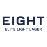 A white background features the brand logo "EIGHT" in bold, navy blue capital letters. Below it, the words "ELITE LIGHT LAGER" are displayed in smaller, uppercase, navy blue letters, indicating that "EIGHT," a proud sponsor of athletes and events alike, is the name of a light lager beer. Austin Marathon Half Marathon & 5K