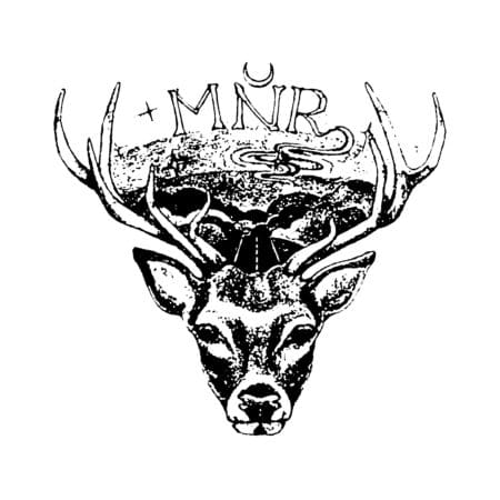 Black and white illustration of a stag with large antlers. Behind the stag is a mountain landscape with a winding path reminiscent of the trails favored by Run Austin enthusiasts. Above the stag, there is the text “+MNR” and a crescent moon. Austin Marathon Half Marathon & 5K