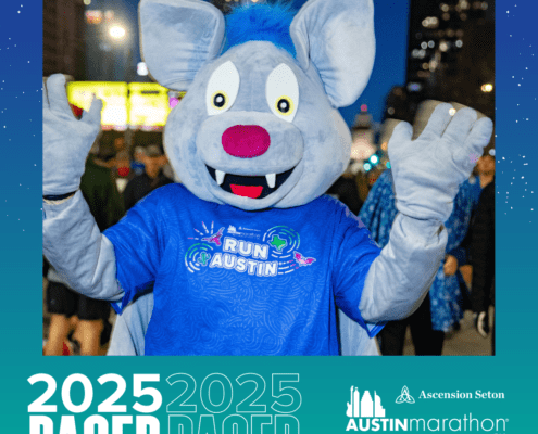 A person wearing a blue mouse mascot costume stands at a city street event, dressed in a blue "Run Austin" T-shirt. Text on the image reads "2025 Pacer Group" and "Austin Marathon Half Marathon and 5K." Logos for Ascension Seton and the event are also present. Meet your new race cheerleader! Austin Marathon Half Marathon & 5K