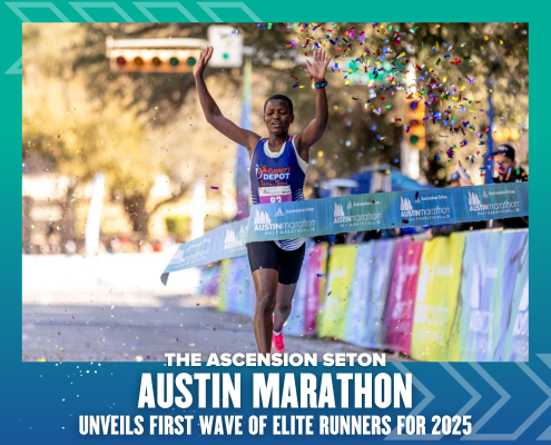 A runner triumphantly crosses the finish line with raised arms and a joyful expression at the 2025 Ascension Seton Austin Marathon. The image heralds the unveiling of the first wave of elite runners in the Elite Athlete Program for 2025. Austin Marathon Half Marathon & 5K