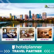 A collage showcases a city skyline at sunset above three hotel room images with star ratings. The HotelPlanner logo and text celebrate a partnership with the Austin Marathon and Ascension Seton. A blue background adds decorative elements to this vibrant announcement. Austin Marathon Half Marathon & 5K