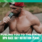 A muscular man with a red cap bites into a "Go Gel" packet, shirtless under the sun at the Austin Marathon. Framed by a green border, the image highlights "Fueling You to the Finish - BPN Race Day Nutrition Plans. Austin Marathon Half Marathon & 5K