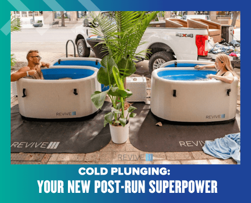 Two people relax in separate inflatable cold plunge tubs outdoors, near a white truck and lush plants. The text below boldly states, "Cold Plunging: Your New Post-Run Superpower. Austin Marathon Half Marathon & 5K