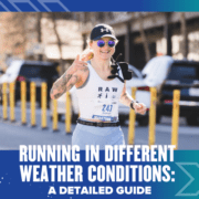 A person runs in a marathon, smiling and holding a bottle. They wear sunglasses, a cap, and a tank top. The text reads, "A Guide to Running: Mastering Different Weather Conditions. Austin Marathon Half Marathon & 5K