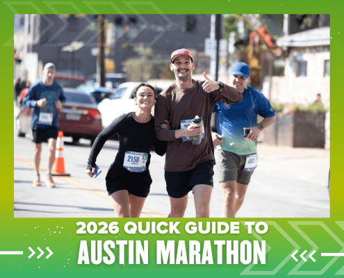 Two smiling runners with race bibs jog side by side during a marathon, one giving a thumbs up. In the background, participants pass a green banner that reads "Quick Guide to 2025 Austin Marathon: schedules & course maps. Austin Marathon Half Marathon & 5K