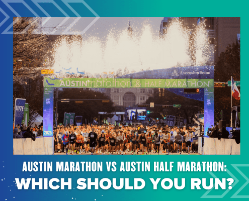 A large group of runners lines up at the starting line of the Austin Marathon & Austin Half Marathon under an archway with fireworks overhead. Text below asks, "Austin Marathon vs Austin Half Marathon: Which should you run?". Austin Marathon Half Marathon & 5K