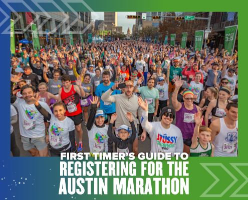 A large, energetic crowd of runners at the starting line of the Austin Marathon smiles and waves at the camera. The text reads, "First Timer Guide to Marathon Registration for the Austin Marathon. Austin Marathon Half Marathon & 5K