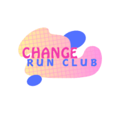 Logo for "Change Run Club" features pink and blue text over abstract pink, yellow, and blue shapes with a grid pattern on white—perfect for Austin running groups seeking free group runs with a vibrant, energetic vibe. Austin Marathon Half Marathon & 5K