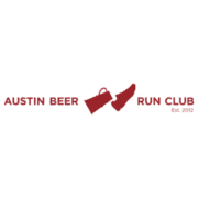 Logo for the Austin Beer Run Club, a favorite among Austin running groups. The text is split by a red beer mug and running shoe, with "Austin Beer" on the left and "Run Club Est. 2012" on the right. Austin Marathon Half Marathon & 5K