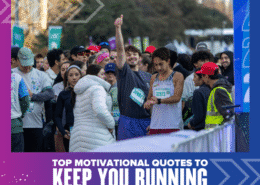 A group of runners stands at a race starting line, some smiling and chatting. One runner gives a thumbs up. The text reads: "Top motivational quotes to keep your running motivation high. Austin Marathon Half Marathon & 5K
