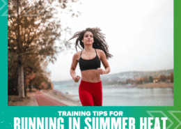 A woman in athletic wear runs along a riverside path on a warm day. Text on the image reads: "Training tips for running in summer heat. Austin Marathon Half Marathon & 5K