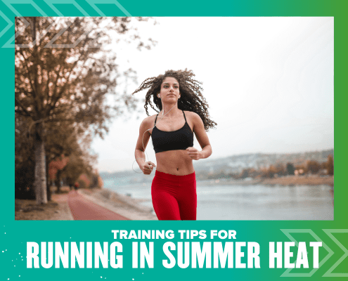 A woman in athletic wear runs along a riverside path on a warm day. Text on the image reads: "Training tips for running in summer heat. Austin Marathon Half Marathon & 5K