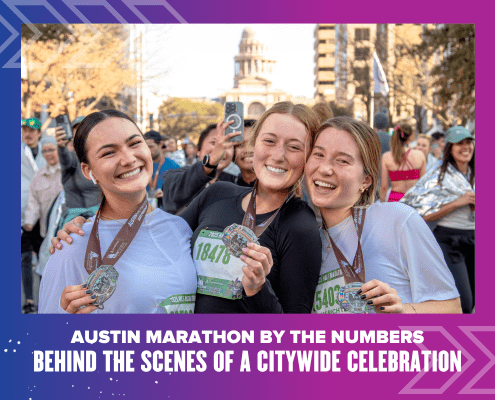 Three smiling runners proudly hold up their medals after completing the Austin Marathon, with the Texas State Capitol visible in the background and a citywide celebration unfolding around them. Austin Marathon Half Marathon & 5K