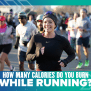 A smiling woman wearing a black shirt and knit headband runs in a race with other runners in the background. Bold text at the bottom reads, "Use a calories burn calculator to see how many running calories you burn. Austin Marathon Half Marathon & 5K