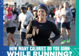 A smiling woman wearing a black shirt and knit headband runs in a race with other runners in the background. Bold text at the bottom reads, "Use a calories burn calculator to see how many running calories you burn. Austin Marathon Half Marathon & 5K