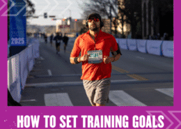 A man wearing a red shirt, shorts, and sunglasses runs a race on a city street, with a race bib pinned to his shirt. The text below reads, "How to Set Training Goals" on a purple border—perfect inspiration to set training goals of your own. Austin Marathon Half Marathon & 5K