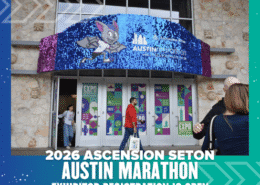 Entrance to the Austin Marathon Health & Fitness Expo with a blue and purple sequin display, mascot, and banners. Text reads: "2026 Ascension Seton Austin Marathon Exhibitor Registration is Open. Austin Marathon Half Marathon & 5K
