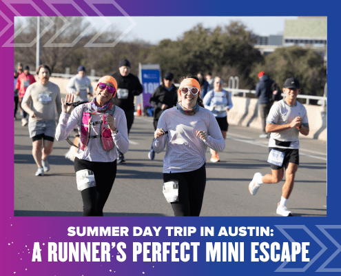 Two smiling runners, one giving a thumbs up, participate in a road race with others on a sunny day. The text reads, “Summer Day Trip Austin: A Runner Mini Escape—your perfect break in the heart of the city.”. Austin Marathon Half Marathon & 5K