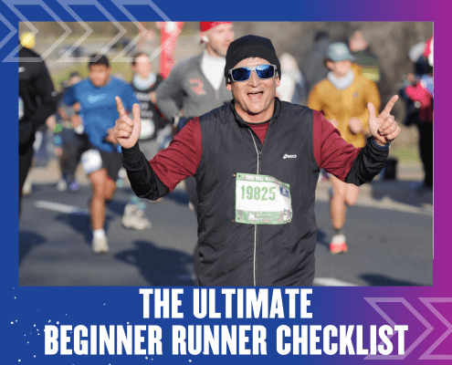 A smiling beginner runner wearing sunglasses and a black hat gives two thumbs up during a race, with other runners in the background. Text at the bottom reads: "The Ultimate Beginner Runner Checklist. Austin Marathon Half Marathon & 5K