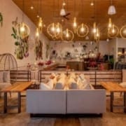 A cozy restaurant interior with warm lighting, modern circular pendant lights, wooden tables, cushioned seating, and decorative plants on the walls creates an inviting and stylish atmosphere—perfect for healthy eating in Austin. Austin Marathon Half Marathon & 5K