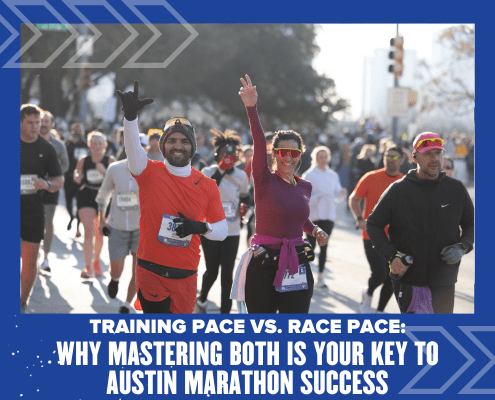 Runners smile and wave while participating in the Austin Marathon. The image features the title: "Training Pace vs. Race Pace: Why Mastering Both is Your Key to Austin Marathon Success. Austin Marathon Half Marathon & 5K