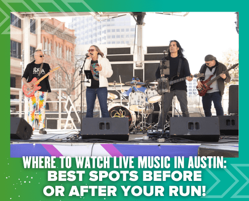 Four musicians perform on an outdoor stage in daylight with buildings behind them. A banner reads: “Live Music Austin: Best Spots to catch a show before or after your run—here’s where to watch top local talent!”. Austin Marathon Half Marathon & 5K