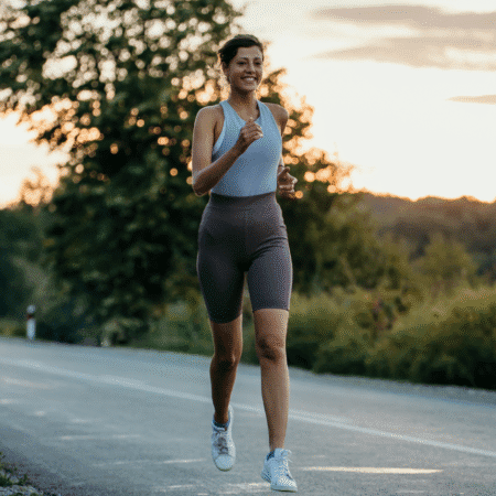 A woman in athletic wear jogs along a paved road at sunset, surrounded by greenery and trees, smiling as she enjoys the uplifting benefits of running for her mental health. Austin Marathon Half Marathon & 5K