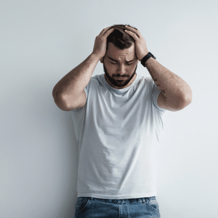 A man in a white t-shirt and jeans stands against a white wall, holding his head with both hands and looking down, appearing stressed or upset—a reminder of the importance of mental health and seeking ways to uplift your mood. Austin Marathon Half Marathon & 5K