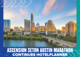 Downtown Austin skyline at sunset with skyscrapers and the river in the foreground. Text reads: "Ascension Seton Austin Marathon extends its HotelPlanner partnership for 2026. Austin Marathon Half Marathon & 5K