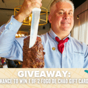A smiling server at Fogo de Chao holds up a large skewer of grilled meat. Text below: "GIVEAWAY: Chance to win 1 of 2 Fogo de Chao gift cards. Austin Marathon Half Marathon & 5K