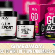 Three BPN Endurance products—G.1.M Sport powder, Electrolytes, and GO Gel packets—are displayed. Text below announces a Giveaway: "Chance to win 1 of 3 BPN Endurance Stacks. Austin Marathon Half Marathon & 5K