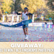 A runner crosses the marathon finish line with arms raised, surrounded by colorful confetti. Text below reads: "GIVEAWAY: Win 1 of 5 FinisherPix photo packages and relive your victory!. Austin Marathon Half Marathon & 5K