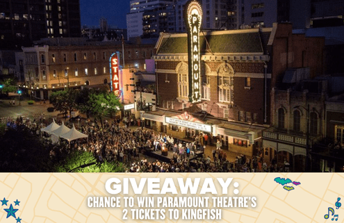 A large crowd gathers outside the illuminated Paramount Theatre at night in a city. Text at the bottom reads: "GIVEAWAY: Chance to win 2 tickets to Kingfish at Paramount Theatre. Austin Marathon Half Marathon & 5K