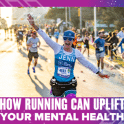A smiling runner with arms outstretched celebrates during a race, surrounded by others. Text at the bottom reads: "Running can uplift your mental health. Austin Marathon Half Marathon & 5K