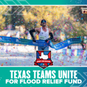 A marathon runner crosses the finish line amid confetti, smiling with arms outstretched. The "Sport for Healing" logo and "Texas Sport for Healing Fund: Hill Country Flood Relief" text appear on a green-blue background. Austin Marathon Half Marathon & 5K