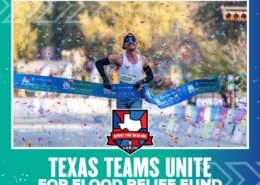 A marathon runner crosses the finish line amid confetti, smiling with arms outstretched. The "Sport for Healing" logo and "Texas Sport for Healing Fund: Hill Country Flood Relief" text appear on a green-blue background. Austin Marathon Half Marathon & 5K
