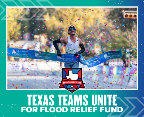 A marathon runner crosses the finish line amid confetti, smiling with arms outstretched. The "Sport for Healing" logo and "Texas Sport for Healing Fund: Hill Country Flood Relief" text appear on a green-blue background. Austin Marathon Half Marathon & 5K