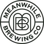Black and white circular logo for Meanwhile Brewing Co. featuring the company name around the edge and a stylized overlapping "MB" monogram in the center—perfect for events like Sneakers4Good, where you can donate used shoes. Austin Marathon Half Marathon & 5K