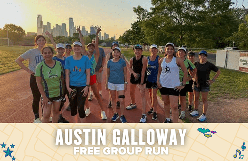 A diverse group of smiling runners pose together on a track at sunset with the Austin skyline in the background. Text on the image reads: "Austin Galloway free group run. Austin Marathon Half Marathon & 5K