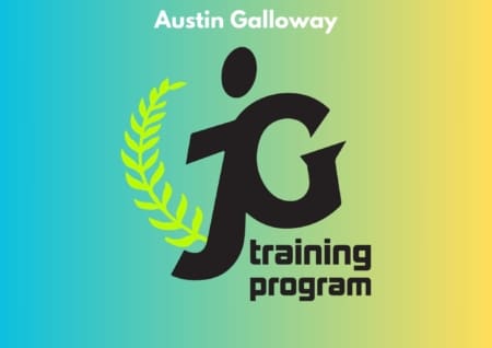 Logo for "JG Training Program" with stylized black letters "jg" and a yellow-green laurel branch on a blue-to-yellow gradient. Features "Austin Galloway" at the top in white, perfect for Austin Group Runs or marathon training enthusiasts. Austin Marathon Half Marathon & 5K