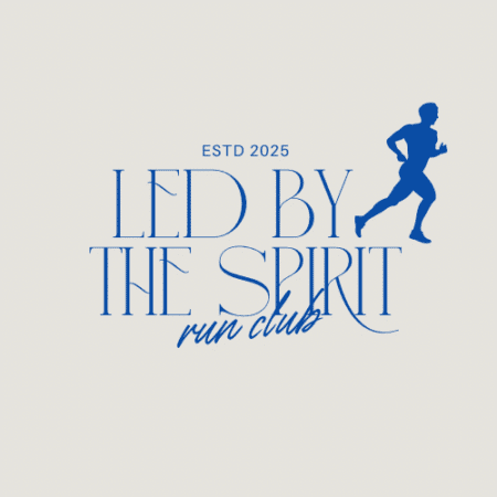 Logo with "ESTD 2025" above bold blue text "LED BY THE SPIRIT," "run club" in script below, and a running silhouette on the right—all on a white background, perfect for Austin running groups and free group runs. Austin Marathon Half Marathon & 5K