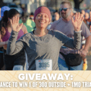 A smiling woman in a race with her hands raised runs among a crowd of participants. Text at the bottom reads: "GIVEAWAY: CHANCE TO WIN 1 OF 300 OUTSIDE + 1MO TRIALS & FINISHERPIX PHOTO PACKAGES. Austin Marathon Half Marathon & 5K