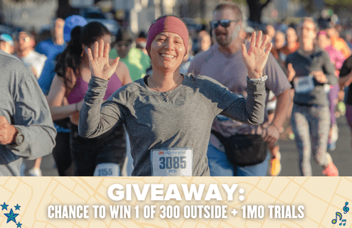 A smiling woman in a race with her hands raised runs among a crowd of participants. Text at the bottom reads: "GIVEAWAY: CHANCE TO WIN 1 OF 300 OUTSIDE + 1MO TRIALS & FINISHERPIX PHOTO PACKAGES. Austin Marathon Half Marathon & 5K