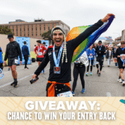 A joyful marathon runner with a rainbow cape and medal celebrates among other finishers. A banner at the bottom reads, "GIVEAWAY: WIN YOUR ENTRY BACK," with playful icons, contest details, and colorful map designs. Austin Marathon Half Marathon & 5K