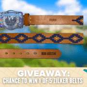 A graphic featuring a decorative Zilker Belt with southwestern patterns and "ZILKER" and "RUN AUSTIN." Text at the bottom announces a giveaway: your chance to win 1 of 5 stylish Zilker Belts!. Austin Marathon Half Marathon & 5K