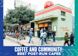 People gather outside a green café with a mural reading “I love you so much” in red. Cyclists and pedestrians pass by, creating a lively scene. Text below reads, “Coffee and Community: Best post-run cafés Austin.”. Austin Marathon Half Marathon & 5K