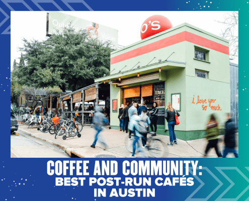 People gather outside a green café with a mural reading “I love you so much” in red. Cyclists and pedestrians pass by, creating a lively scene. Text below reads, “Coffee and Community: Best post-run cafés Austin.”. Austin Marathon Half Marathon & 5K