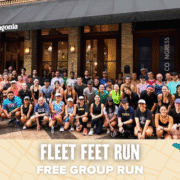 A large group of people pose and smile outside a Patagonia store, ready for the Fleet Feet Run. A banner at the bottom reads “Fleet Feet Run – Free Group Run” with map and music graphics. Austin Marathon Half Marathon & 5K