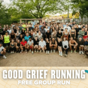 A large, diverse group of people poses together outdoors in a park, smiling for a photo before a group run. Text at the bottom reads “GOOD GRIEF RUNNING FREE GROUP RUN” over a map-themed banner, inspired by East Austin Run Club. Austin Marathon Half Marathon & 5K